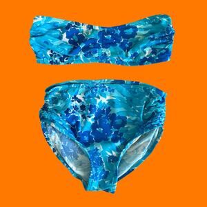 70's 80's vintage blue floral high waisted bandeau bikini Size 10 ceeb